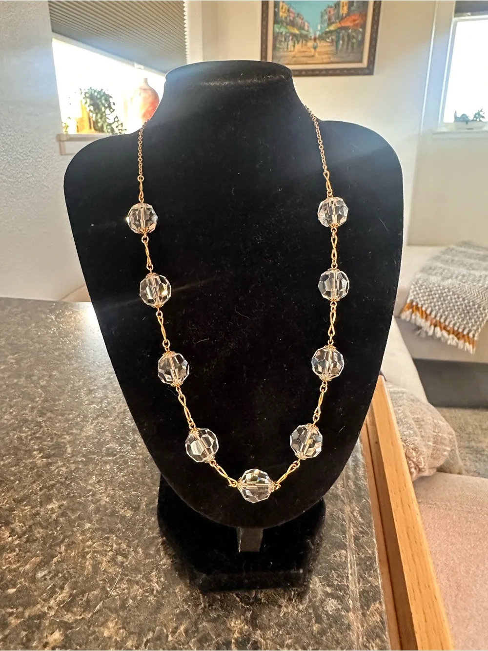 Elegant Gold Crystal Bead Necklace - Clear Crystals